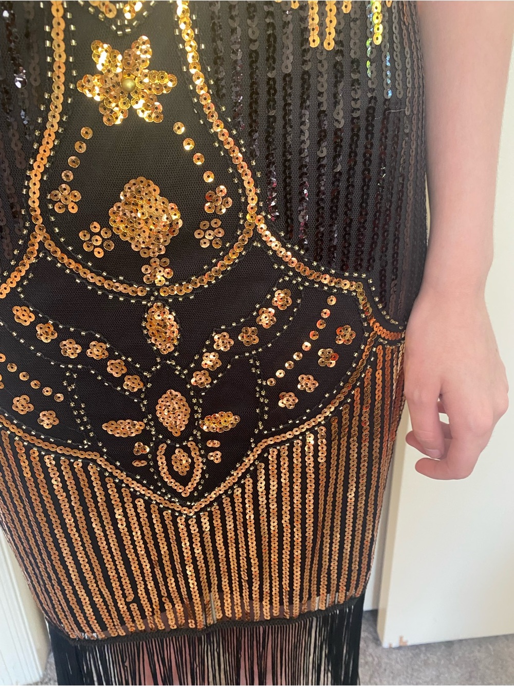 Size Small 1920s Flapper Black & Gold Sequin Fringe Midi Dress party Halloween - Picture 3 of 14